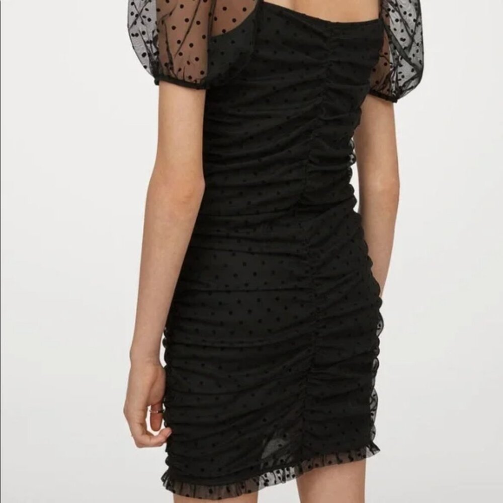 H&M‎ Black Fitted Sheer Polka dot Ruched Dress
